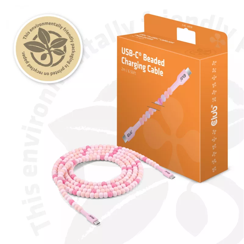Club 3D CAC-3010 USB-C-naar-USB-C-kralenkabel, 2 m, PD 60 W, 480 Mbps, roze
