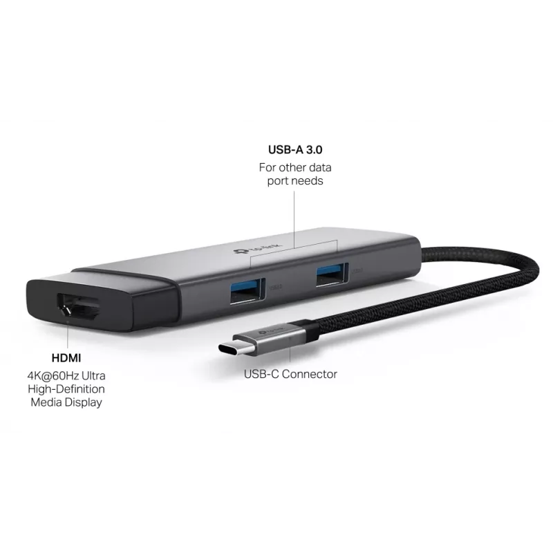 TP-Link UH5020C USB-C-hub, 5 poorten, HDMI 4K@60Hz, 100 W Power Delivery, 1x USB-C, 2x USB-A, 5 Gbps, aluminium, grijs