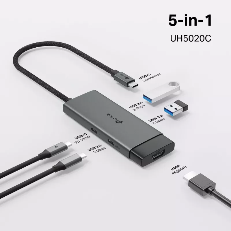 TP-Link UH5020C USB-C-hub, 5 poorten, HDMI 4K@60Hz, 100 W Power Delivery, 1x USB-C, 2x USB-A, 5 Gbps, aluminium, grijs