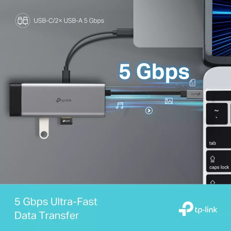 TP-Link UH5020C USB-C-hub, 5 poorten, HDMI 4K@60Hz, 100 W Power Delivery, 1x USB-C, 2x USB-A, 5 Gbps, aluminium, grijs