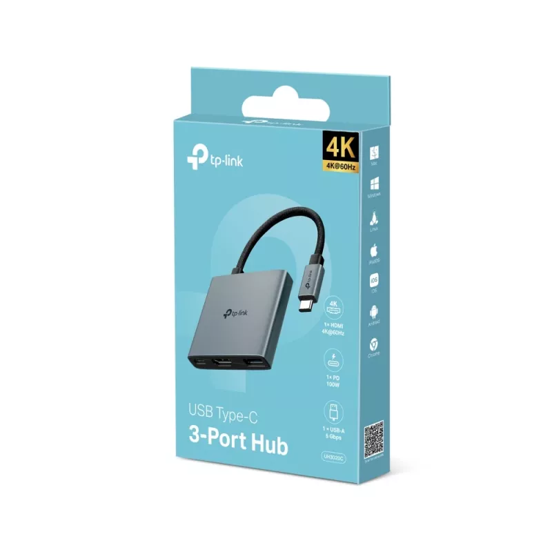 USB Type-C Hub TP-Link UH3020C — 3-poorts (HDMI, USB-A, USB-C), 5 Gbit/s, HDMI 4K@60Hz, PD tot 100W, aluminium, 0,18 m kabel