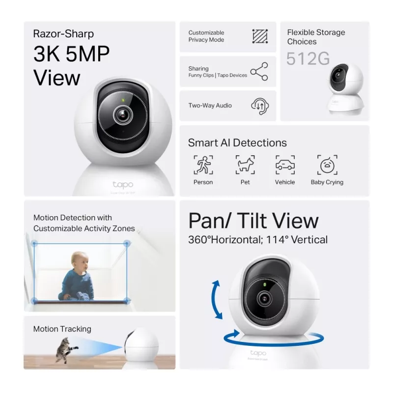 TP-Link Tapo Pan/Tilt AI Home Security Wi-Fi Camera SPEC: 3K 5MP (2880×1620), 2.4 GHz, horizontaal 360º
