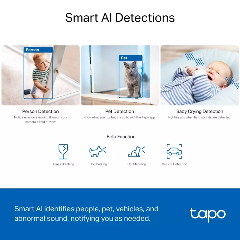 TP-Link Tapo Pan/Tilt AI Home Security Wi-Fi Camera SPEC: 3K 5MP (2880×1620), 2.4 GHz, horizontaal 360º
