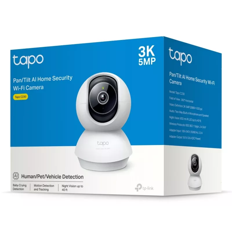 TP-Link Tapo Pan/Tilt AI Home Security Wi-Fi Camera SPEC: 3K 5MP (2880×1620), 2.4 GHz, horizontaal 360º