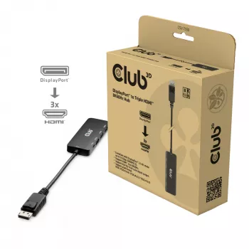 Club 3D CSV-7330 DisplayPort 2.1 naar 3x HDMI 2.1 MST-hubadapter, 8K60Hz, 4K120Hz, 13,5 Gbps, HDR, HDCP 2.3, zwart