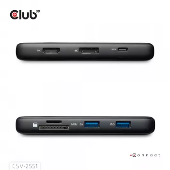 CLUB3D 8-1 draagbare dock USB Type-C® 10Gbps naar HDMI™ en DisplayPort™ 8K30Hz PD max. 100Watt