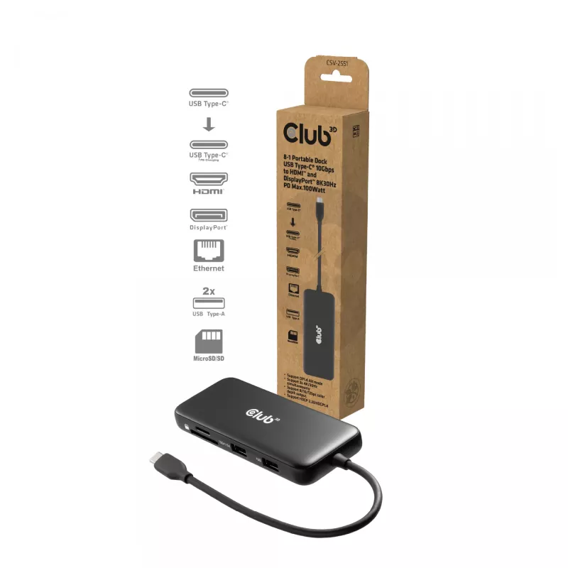 CLUB3D 8-1 draagbare dock USB Type-C® 10Gbps naar HDMI™ en DisplayPort™ 8K30Hz PD max. 100Watt