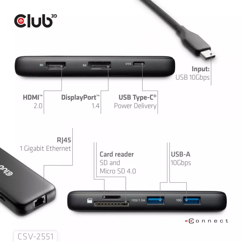 CLUB3D 8-1 draagbare dock USB Type-C® 10Gbps naar HDMI™ en DisplayPort™ 8K30Hz PD max. 100Watt