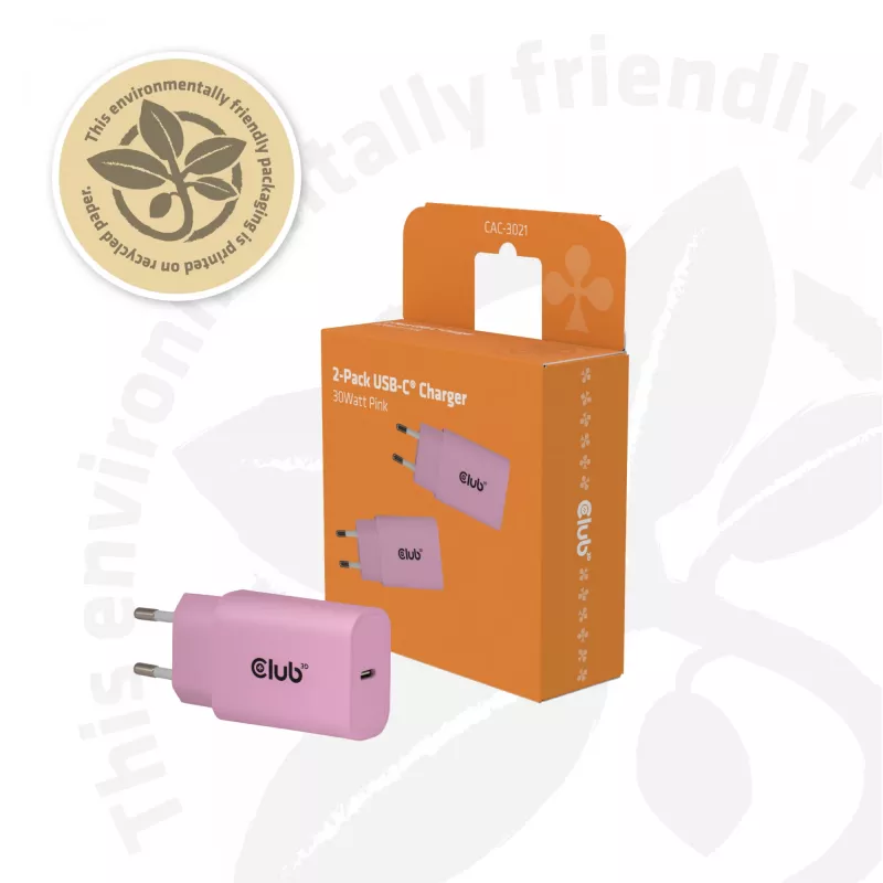 CLUB3D 2-pack USB-C oplader 30 watt wit, indoor, AC, roze