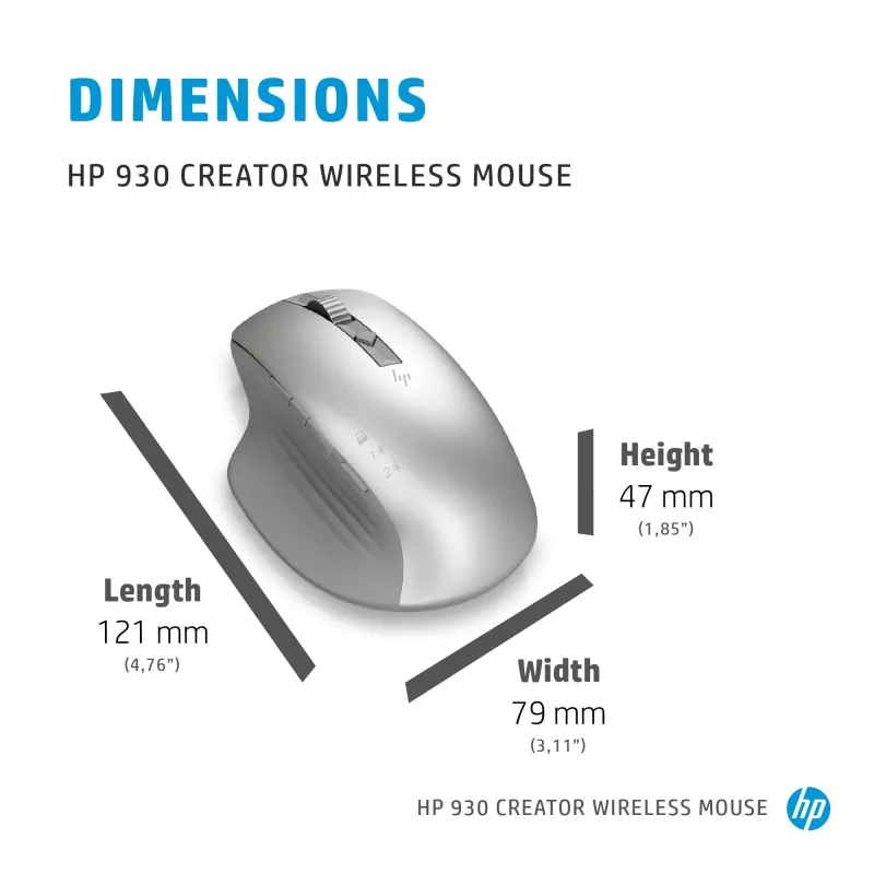 HP 930 Creator draadloze muis, rechtshandig, Bluetooth, 3000 DPI, zilver