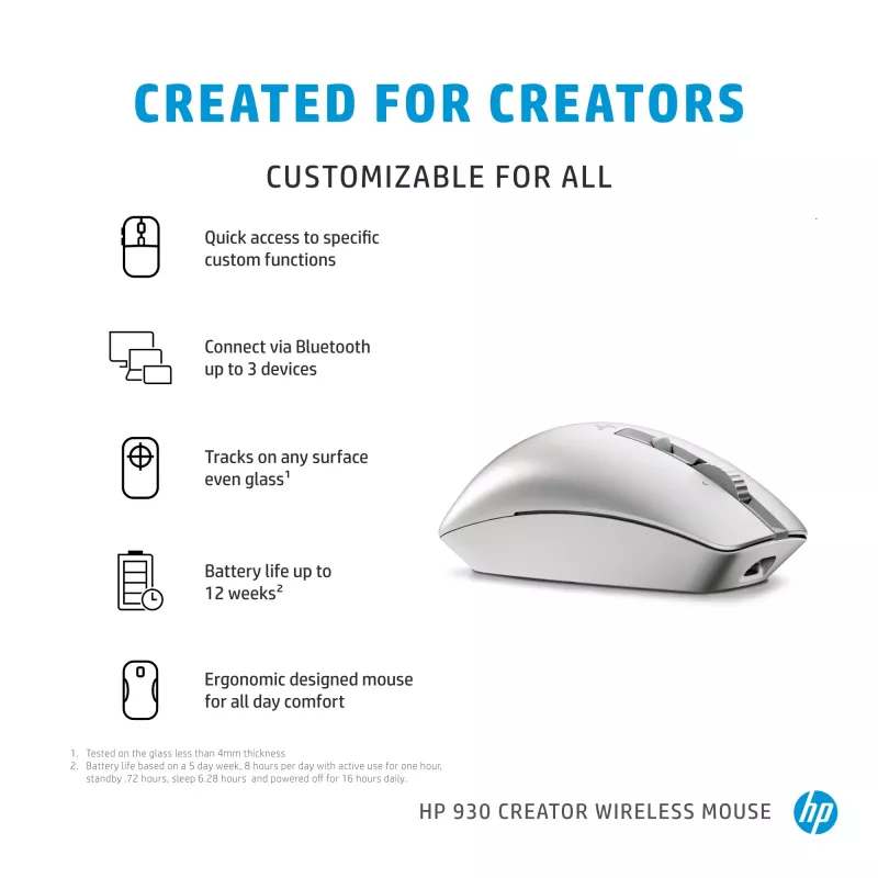 HP 930 Creator draadloze muis, rechtshandig, Bluetooth, 3000 DPI, zilver