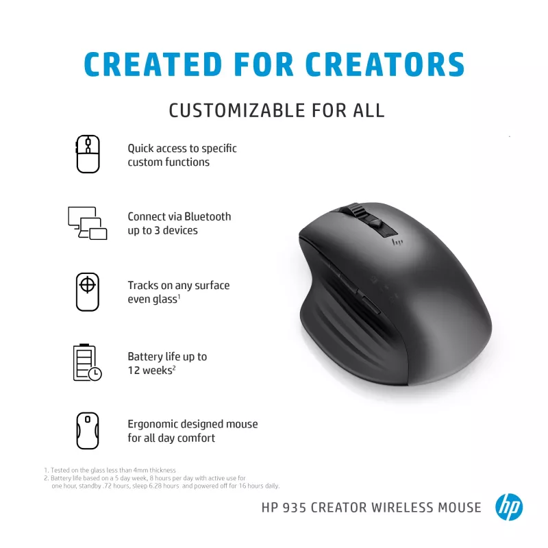 HP 930 Creator draadloze muis, rechtshandig, Bluetooth, 3000 DPI, zilver