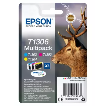 Epson Stag multiverpakking 3 kleuren T1306 DURABrite Ultra inkt, hoge (XL) capaciteit, cyaan, magenta, geel, pigmentinkt, 10,1 ml, 1 stk., multiverpakking