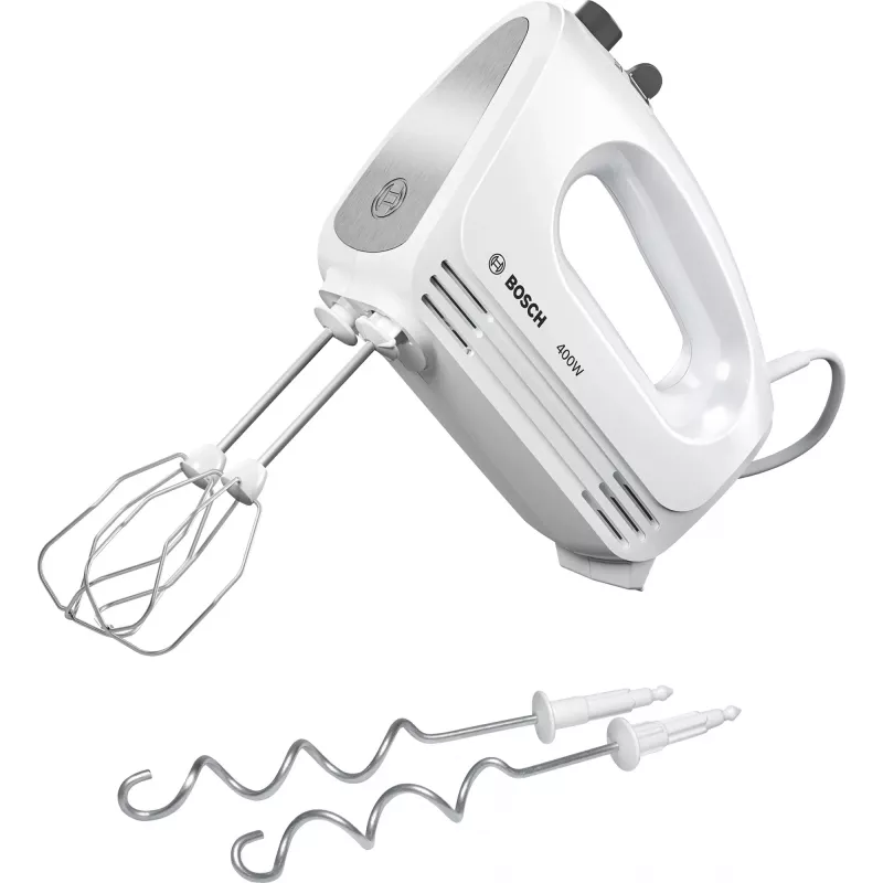 Handmixer Bosch MFQ24200 — 400 W, 4 snelheden, turbo, geborsteld staal/wit