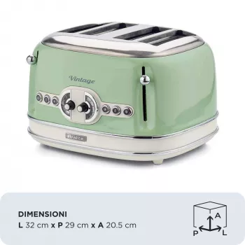 Ariete 156 4-sneetjes vintage toaster, 1600 watt, 6 bruiningsstanden, gelakt roestvrij staal in pastelgroen, zonder sandwichmandjes. groen