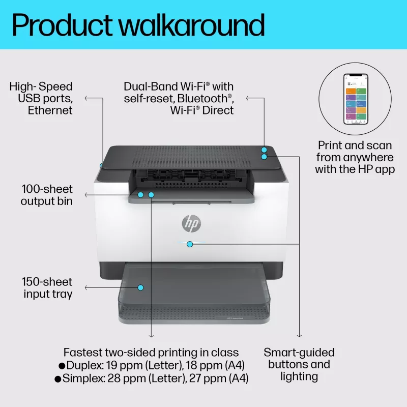 HP LaserJet M207dw printer, laser, 600 x 600 DPI, A4, 27 pagina's/min, dubbelzijdig printen, grijs, wit