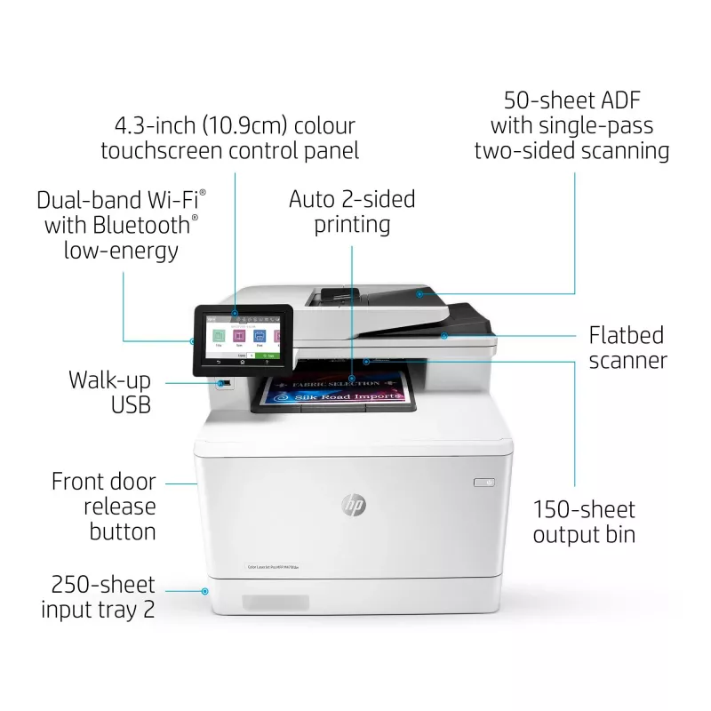 HP Color LaserJet Pro MFP M479fnw, printen, kopiëren, scannen, faxen, e-mail, scannen naar e-mail/PDF; 50-vel niet-gekrulde ADF
