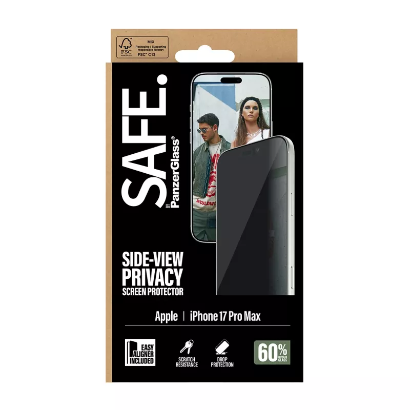 PanzerGlass SAFE. by ® 2-Way Privacy Screen Protector iPhone 17 Pro Max | Ultra-Wide Fit met EasyAligner
