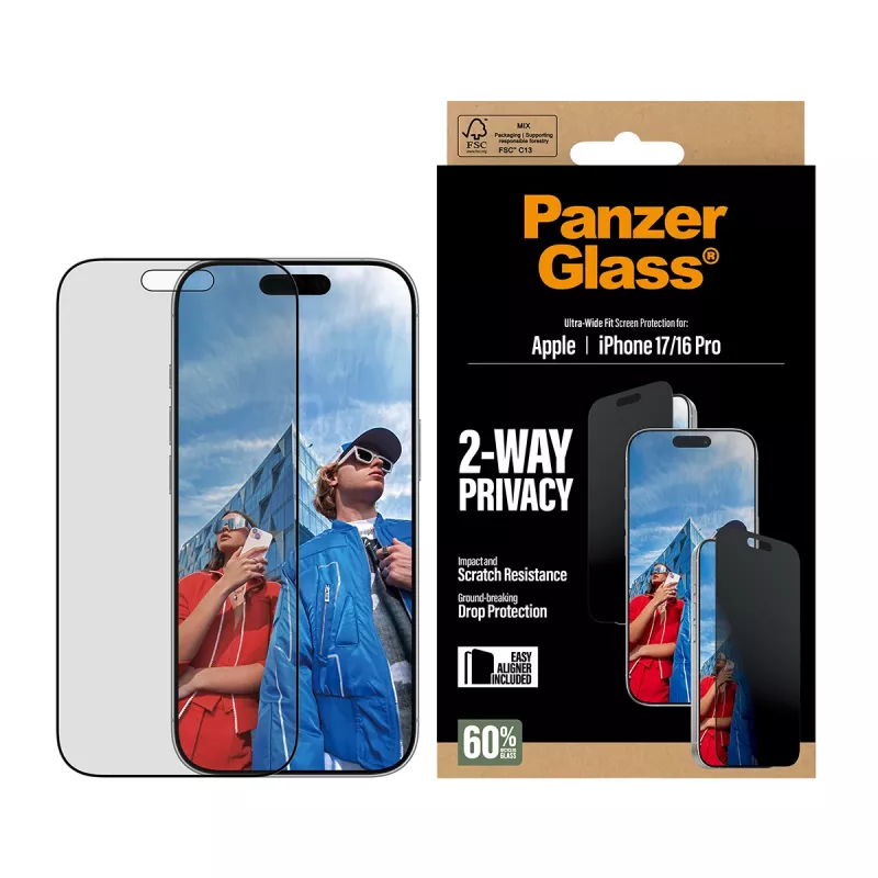 PanzerGlass ® 2-Way Privacy Screen Protector iPhone 17 | iPhone 16 Pro | Ultra-Wide Fit met EasyAligner