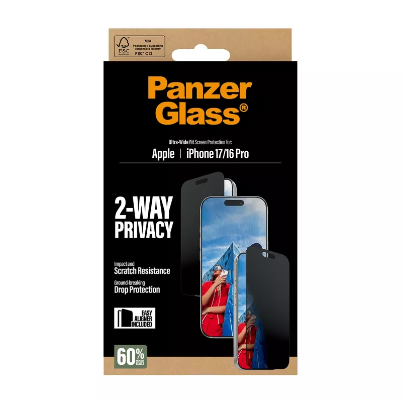 PanzerGlass ® 2-Way Privacy Screen Protector iPhone 17 | iPhone 16 Pro | Ultra-Wide Fit met EasyAligner