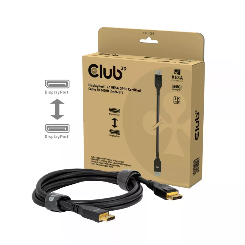 Club 3D CAC-1094 DisplayPort 2.1 VESA DP80-gecertificeerde kabel 8K 240 Hz, 2 m (6,56 ft), zwart
