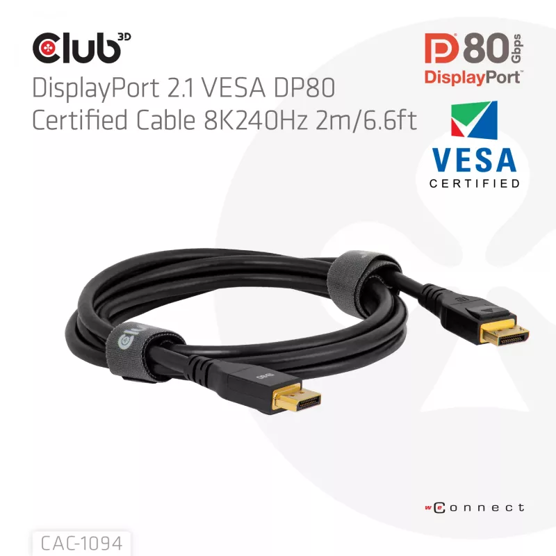 Club 3D CAC-1094 DisplayPort 2.1 VESA DP80-gecertificeerde kabel 8K 240 Hz, 2 m (6,56 ft), zwart