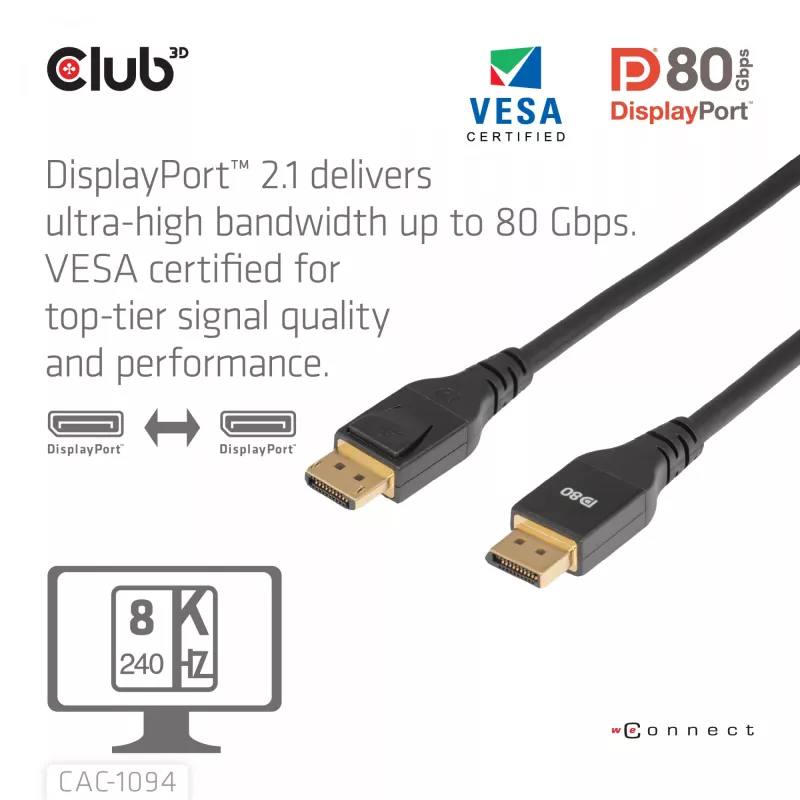Club 3D CAC-1094 DisplayPort 2.1 VESA DP80-gecertificeerde kabel 8K 240 Hz, 2 m (6,56 ft), zwart