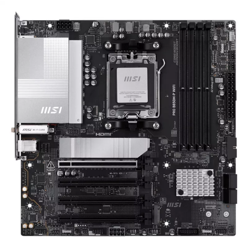 Moederbord MSI PRO B850M-P WIFI micro ATX, AMD B850, socket AM5, 4×DDR5 DIMM, 3×M.2, Wi‑Fi 7, 5Gb LAN