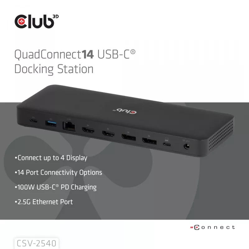 Dockingstation CLUB 3D 14-1 USB-C Quad Display USB4 met 2× USB 2.0-aansluitingen