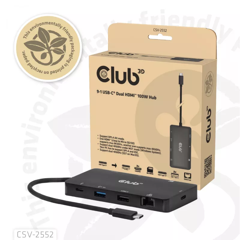 CLUB3D 9-1 Dual HDMI™ USB-C®-hub PD3.0 100W