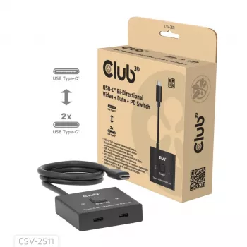 CLUB3D USB-C® bidirectionele video- + data- + PD-switch, USB Type-C, 2x DisplayPort, 7680 x 4320 pixels, zwart, 8K Ultra HD, 120 Hz