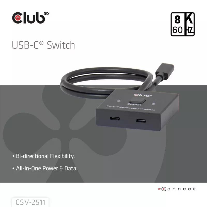 CLUB3D USB-C® bidirectionele video- + data- + PD-switch, USB Type-C, 2x DisplayPort, 7680 x 4320 pixels, zwart, 8K Ultra HD, 120 Hz