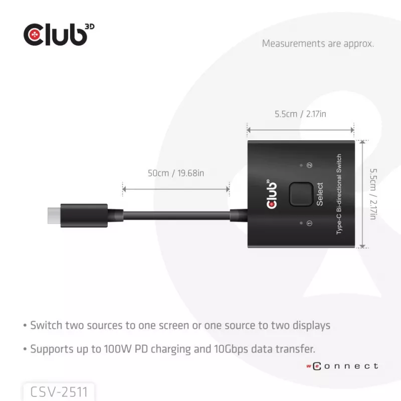 CLUB3D USB-C® bidirectionele video- + data- + PD-switch, USB Type-C, 2x DisplayPort, 7680 x 4320 pixels, zwart, 8K Ultra HD, 120 Hz