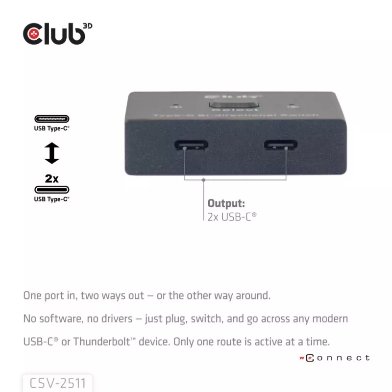 CLUB3D USB-C® bidirectionele video- + data- + PD-switch, USB Type-C, 2x DisplayPort, 7680 x 4320 pixels, zwart, 8K Ultra HD, 120 Hz