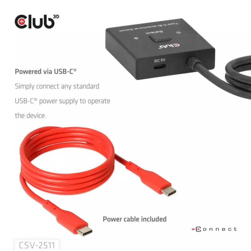 CLUB3D USB-C® bidirectionele video- + data- + PD-switch, USB Type-C, 2x DisplayPort, 7680 x 4320 pixels, zwart, 8K Ultra HD, 120 Hz