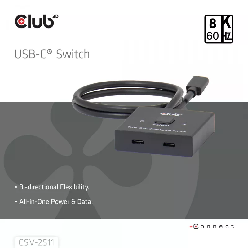 CLUB3D USB-C® bidirectionele video- + data- + PD-switch, USB Type-C, 2x DisplayPort, 7680 x 4320 pixels, zwart, 8K Ultra HD, 120 Hz