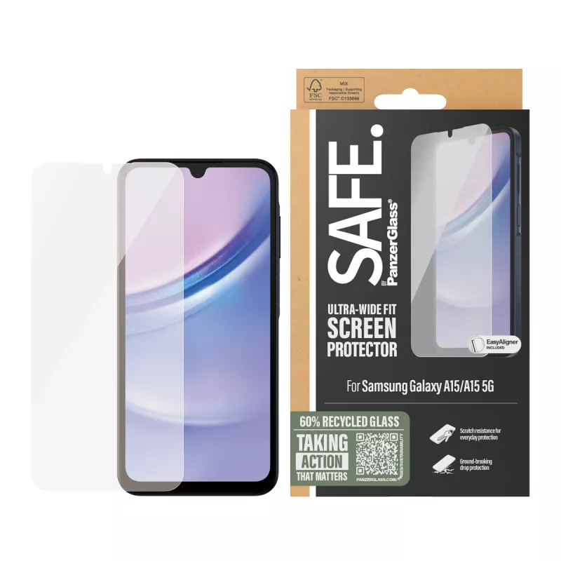 PanzerGlass SAFE. by ® screenprotector voor Samsung Galaxy A15 | A15 5G | Ultra-Wide Fit met EasyAligner