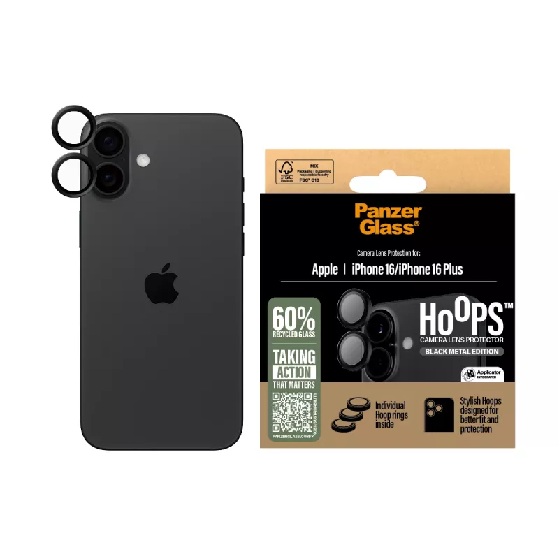 PanzerGlass ® Hoops® Cameralensbescherming Zwart iPhone 16 | 16 Plus
