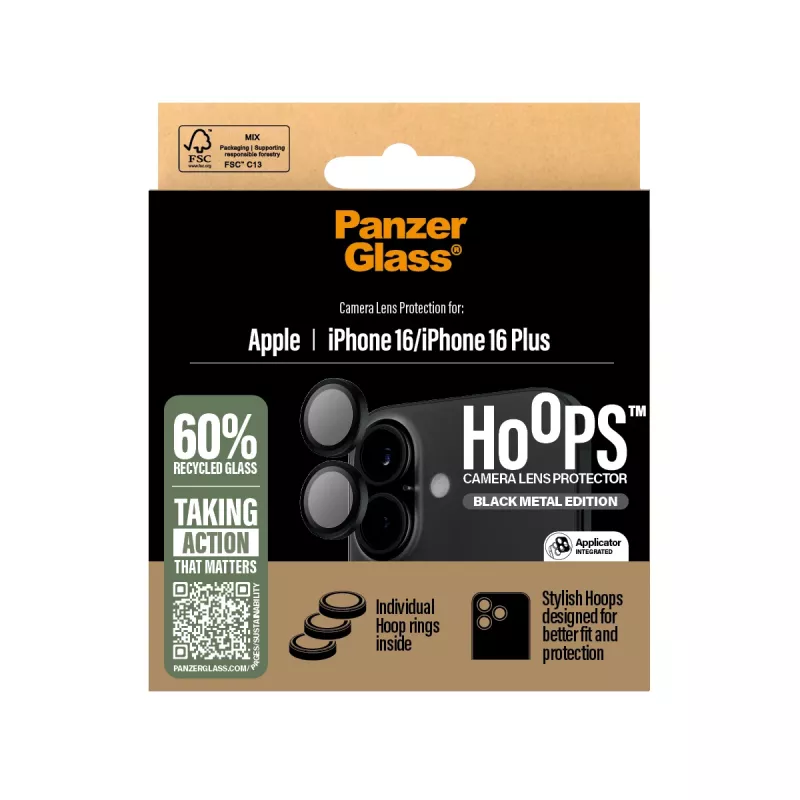 PanzerGlass ® Hoops® Cameralensbescherming Zwart iPhone 16 | 16 Plus