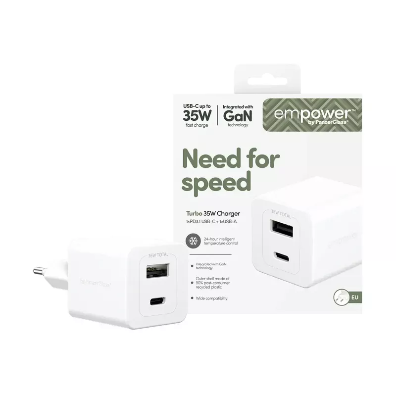 PanzerGlass empower™ by ® Turbo 35W oplader incl. USB-C + USB-A | EU-stekker | Silver White
