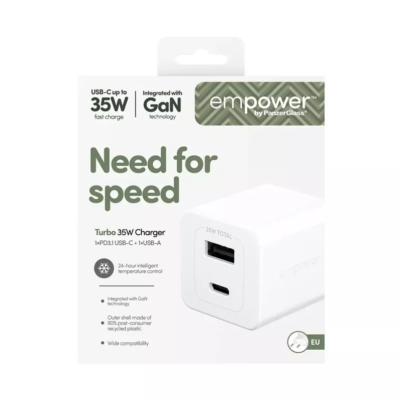 PanzerGlass empower™ by ® Turbo 35W oplader incl. USB-C + USB-A | EU-stekker | Silver White