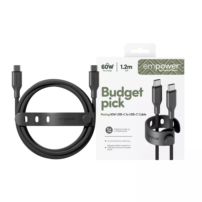 PanzerGlass empower™ by ® Racing 60W USB-C-naar-USB-C-kabel | USB 2.0 | 1,2 m | Space Black