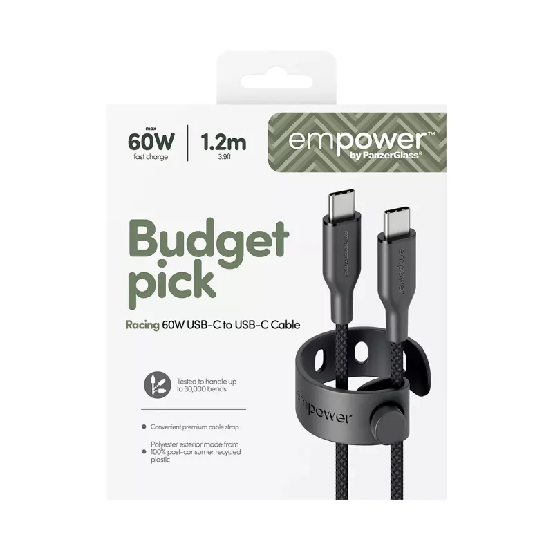 PanzerGlass empower™ by ® Racing 60W USB-C-naar-USB-C-kabel | USB 2.0 | 1,2 m | Space Black