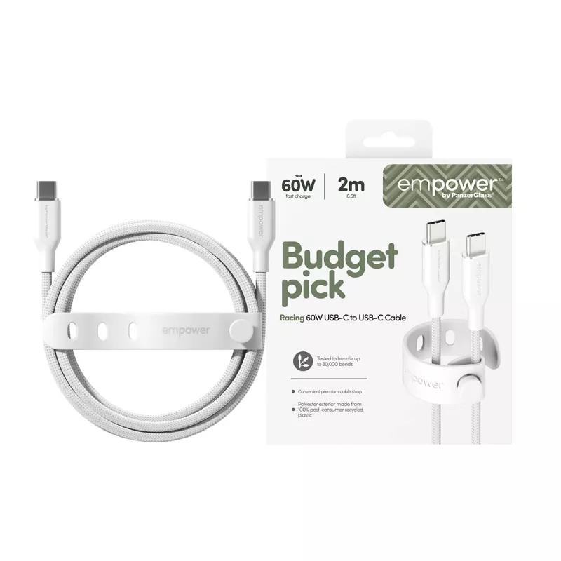 PanzerGlass empower™ by ® Racing 60W USB-C-naar-USB-C-kabel | USB 2.0 | 2 m | Zilverwit