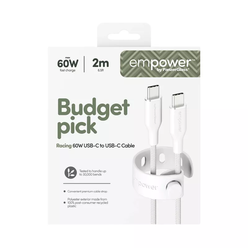 PanzerGlass empower™ by ® Racing 60W USB-C-naar-USB-C-kabel | USB 2.0 | 2 m | Zilverwit