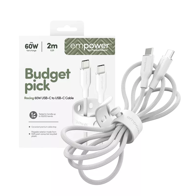 PanzerGlass empower™ by ® Racing 60W USB-C-naar-USB-C-kabel | USB 2.0 | 2 m | Zilverwit