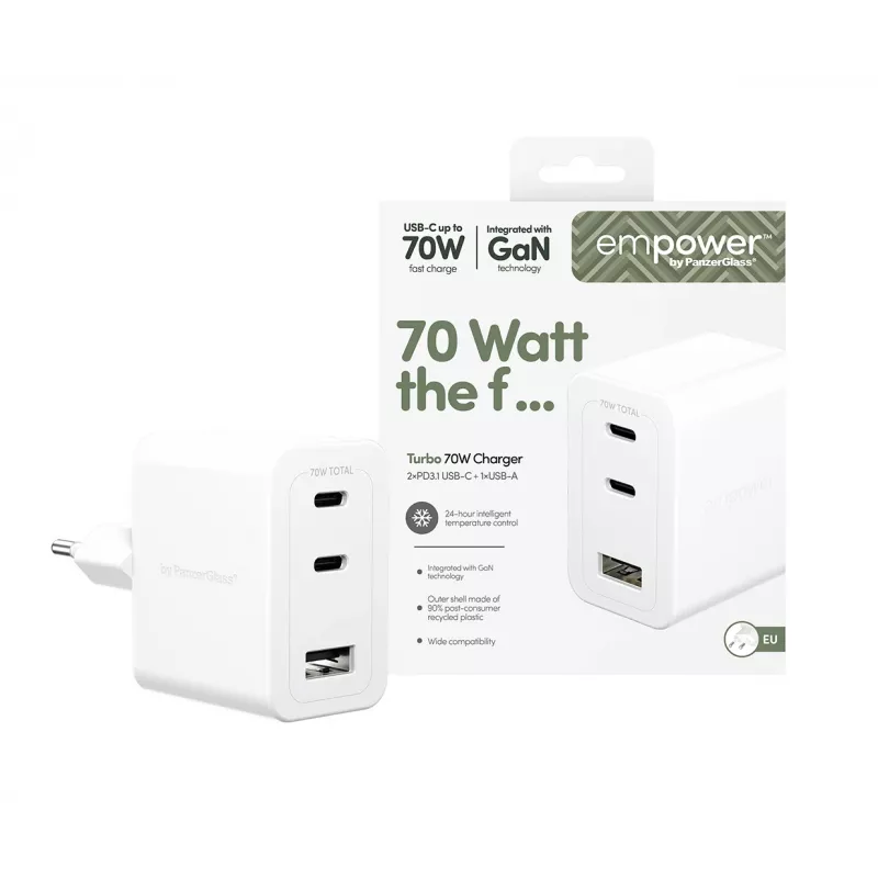 PanzerGlass empower™ by ® Turbo 70W meervoudige oplader incl. 2 x USB-C + USB-A | EU-stekker | Silver White