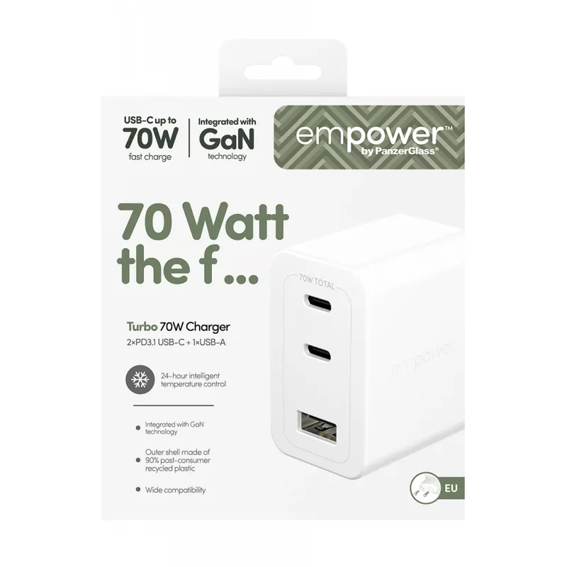 PanzerGlass empower™ by ® Turbo 70W meervoudige oplader incl. 2 x USB-C + USB-A | EU-stekker | Silver White