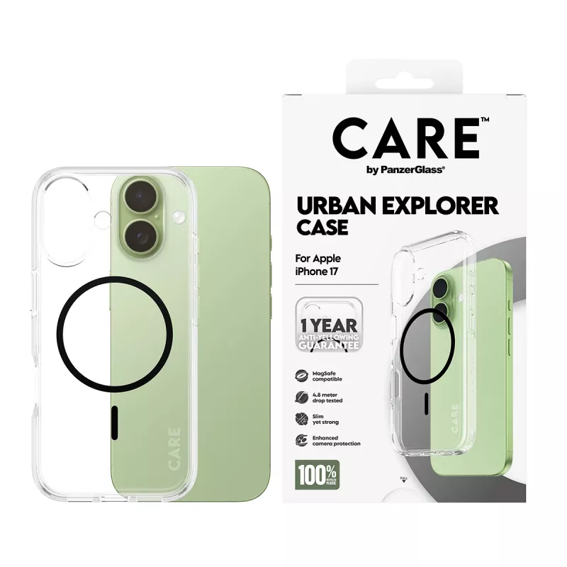 PanzerGlass CARE by Flagship Case Transparant Urban Explorer zwart MagSafe iPhone 17 hoesje