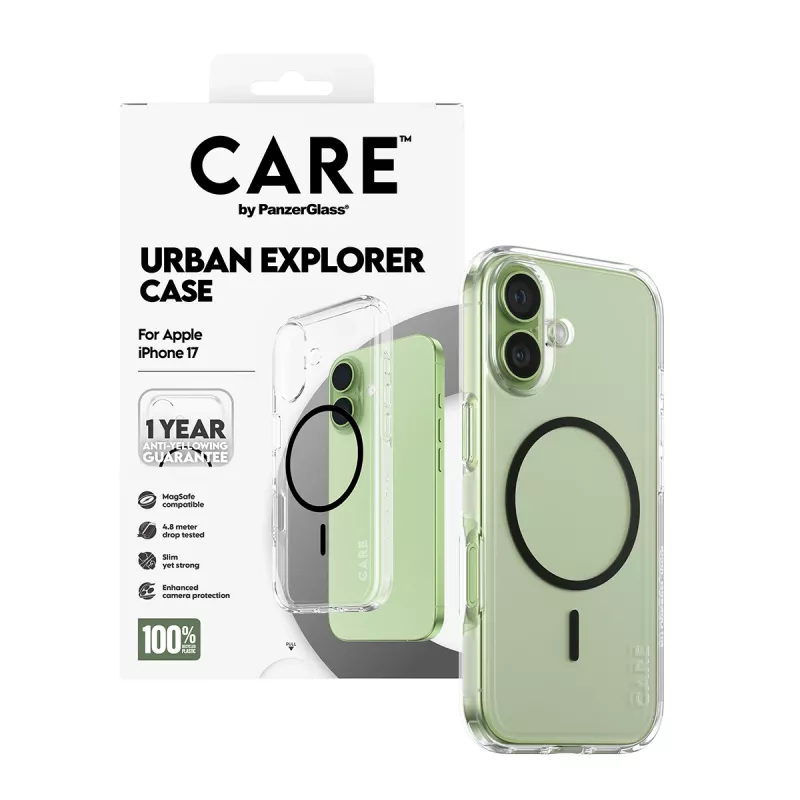 PanzerGlass CARE by Flagship Case Transparant Urban Explorer zwart MagSafe iPhone 17 hoesje